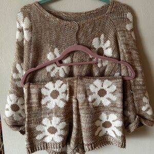 Floral Knit Sweater Set - Brown and White
